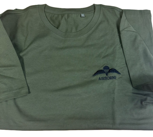 Airborne T Shirt, Black Wings on Green Shirt.